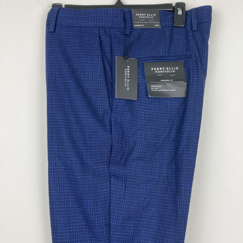 Perry Ellis Mens Modern fit Dress Pants 36 / 30 Blue Micro Plaid Stretch